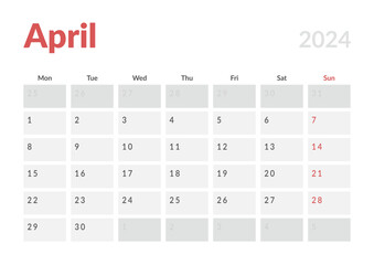 Monthly page Calendar Planner Templates of April 2024. Vector layout of simple calendar with week start Monday for print. Page for size A4 or 21x29.7 cm