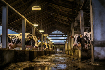 a large village cowshed, cows are standing inside, the cowshed i