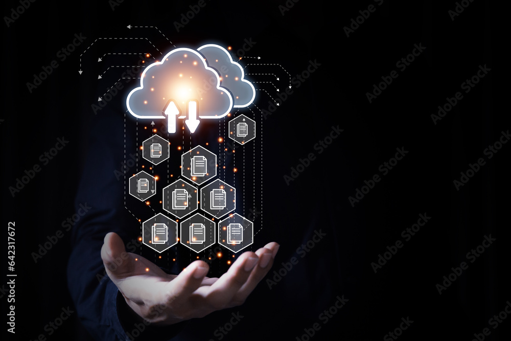 Poster database storage cloud technology file data transfer sharing, cyber, big data information for financ