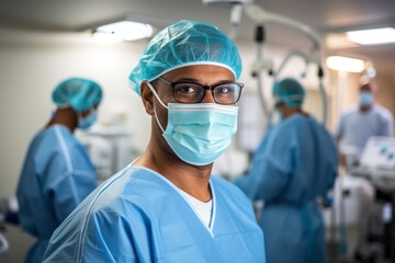 Photo of a man wearing a surgical mask and glasses for protection