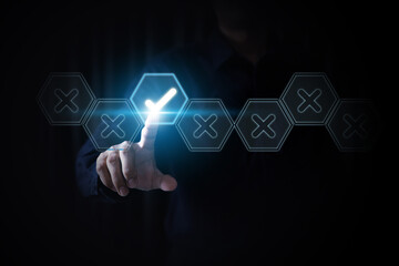 Hand choose check mark on cross symbol for true or false changing mindset or way of adapting to...