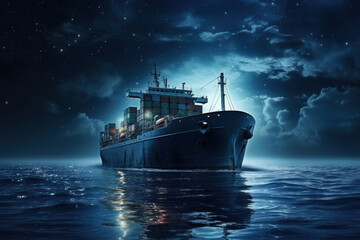 Fototapeta premium sea container ship moving on the sea, night, view from the water
