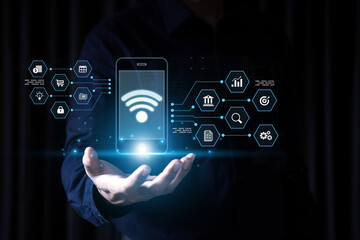 Digital marketing with graph and social media technology for growth planning or internet mobile banking bill payment or online shopping or financial cyber security and customer service concept.