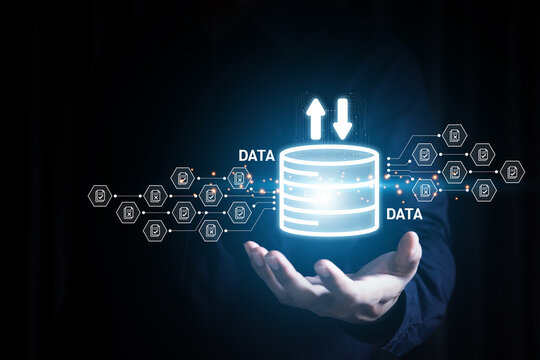 Cloud computing data management technology system for computer network cyber security or database file document transfer and sharing, big data for finance data analytics to growth concepts.
