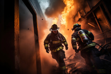 Fototapeta premium Photo of firefighters battling a large blaze