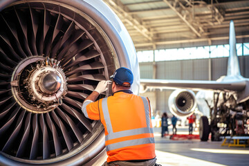 an aircraft technician is repairing a turbine, an engineer is wearing an orange signal vest