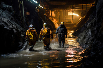 A group of workers walking through a dark tunnel in a mining quarry