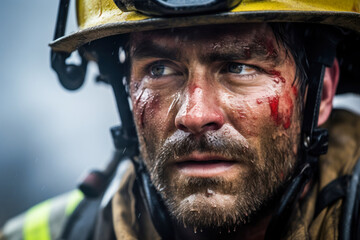 Obraz premium Photo of a fireman wearing a helmet in close-up