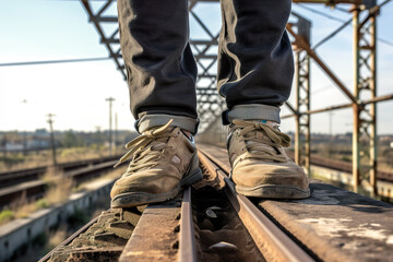 Close-up of man's legs in sneakers standing on railroad tracks