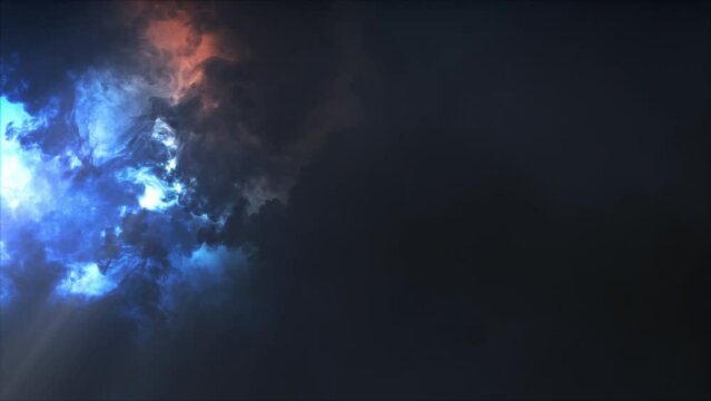 Lightning discharge and light effects in the clouds. Thunderclouds in bright flashes of lightning. Bad weather. Looped
