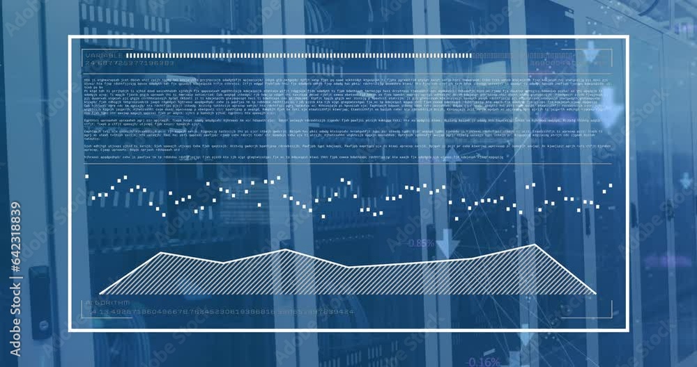 Poster animation of computer language and graph over data server racks