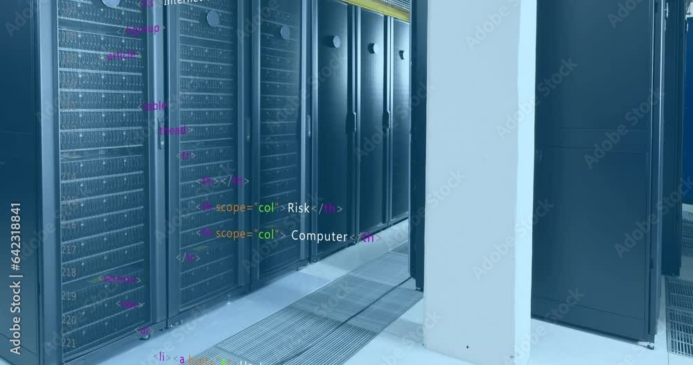 Poster animation of computer language over data server racks