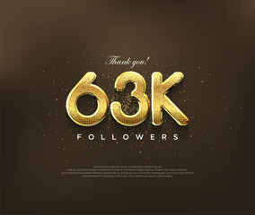 Fototapeta na wymiar Golden design for thank you 63k followers, vector greeting banner design, social media post poster.