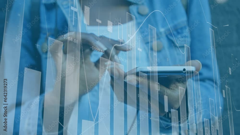Poster animation of statistical data processing against mid section of a woman using smartphone