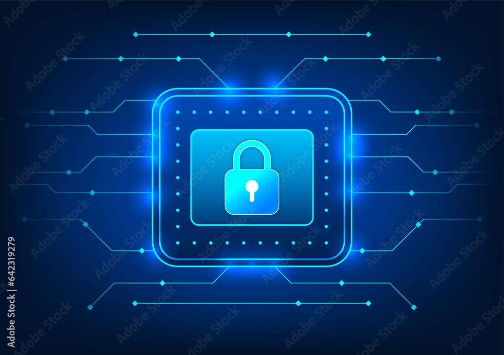 Poster screen technology background screen with lock in the middle and has a circuit board surrounding it r