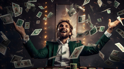 A happy businessman wins poker in casino game and bank notes or money flying all around him