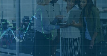Animation of financial data processing against diverse colleagues discussing over a laptop at office - Powered by Adobe