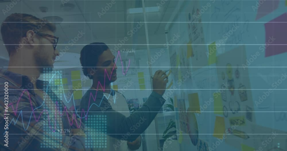 Poster animation of statistical data processing over two diverse men discussing over memo notes at office