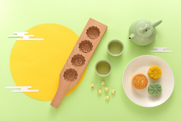 Background of Chinese Traditional Festival Mid-Autumn Festival.The Chinese meaning on the mooncake in the picture is: black sesame.