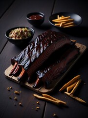 Grilled steak with fris on a wooden table