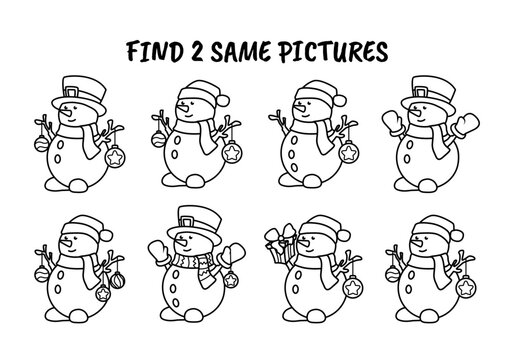 Snowman in a hat with Christmas toys. Find two identical pictures. Educational game for children. Black and white vector illustration