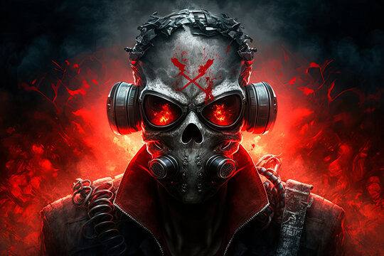 Doomsday. Last day on earth. Nuclear explosion. A skull wearing a gas mask and goggles. Generative AI