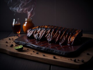 Grilled steak with fris on a wooden table