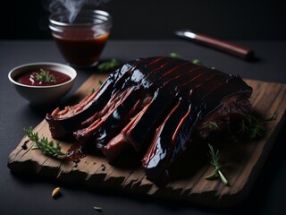 Grilled steak with fris on a wooden table