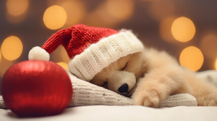 Cute baby bear in santa hat sleeping on white sheet, Christmas blurred background