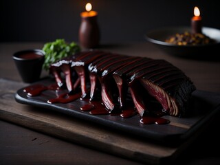 Grilled steak with fris on a wooden table