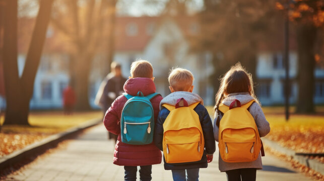 Group of children with backpacks go to school