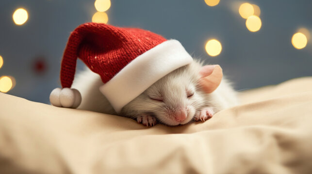 Cute mouse in santa hat sleeping on white sheet, Christmas blurred background