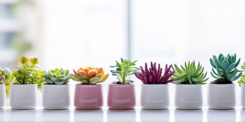 Different colors beautiful potted plants. Minimalistic white interior