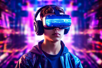 Young man with virtual reality headset. Future technology concept. 3D Rendering