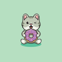 Cute kitten making big donut cartoon icon illustration