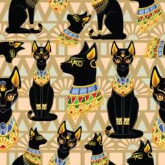 Fototapete Zeichnung Cat Bastet Ancient Egyptian Deity Sacred Animal Silhouette with decorative Jewelry Vector Seamless Pattern