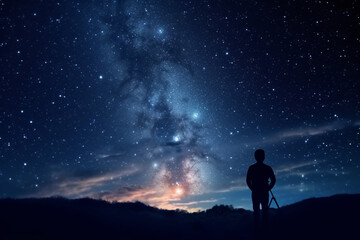 Fototapeta na wymiar Silhouette of photographer with camera on tripod against night sky background