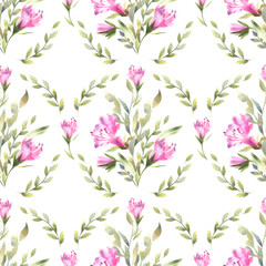 Watercolor seamless pattern of garden and meadow flowers