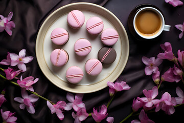 Delicate macaron, colorful almond cookie served on a tray, top down