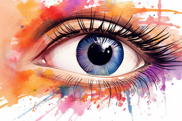 Close up of beautiful female eye with abstract colorful watercolor background.