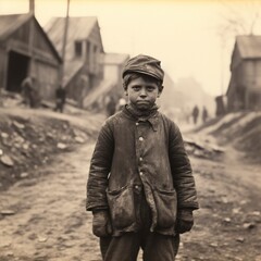 a child laborer around 1900 standing in front of a coal mine. 