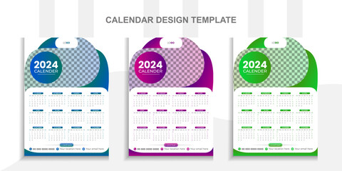 2024 Modern calendar design with place for photo and business or company logo. Creative calendar design vector layout with 3 colorful template.