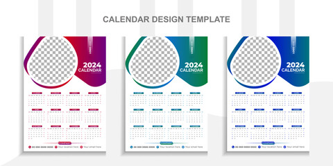 2024 Modern calendar design with place for photo and business or company logo. Creative calendar design vector layout with 3 colorful template.