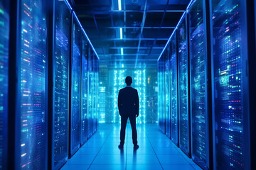 Rear view of businessman standing in server room and looking at data center