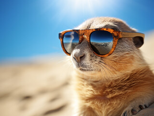 a meerkat wearing sunglasses looking straight in the sun