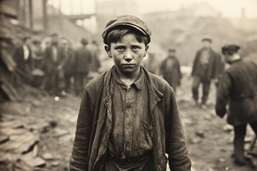 a child laborer around 1900 standing in front of a coal mine.  - 642326479