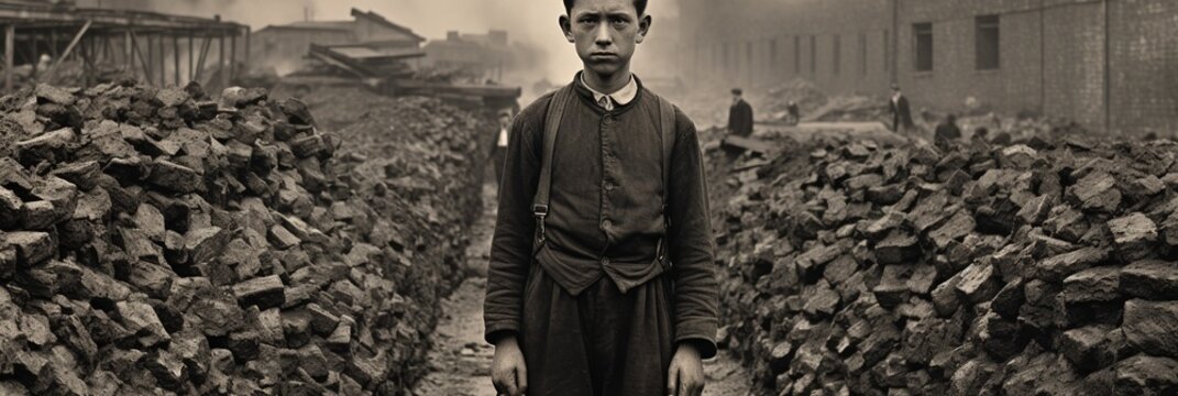 a child laborer around 1900 standing in front of a coal mine. 