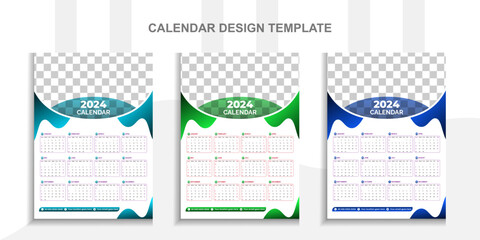 2024 Modern calendar design with place for photo and business or company logo. Creative calendar design vector layout with 3 colorful template.