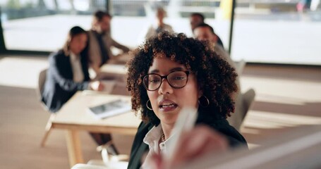 Business people, writing and presentation with presenter woman at board to explain strategy plan. Corporate team and african person speaking at meeting, training or workshop for coaching or learning