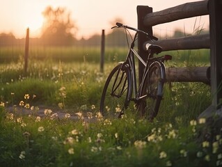 Naklejka premium bicycle against rustic landscape at summer